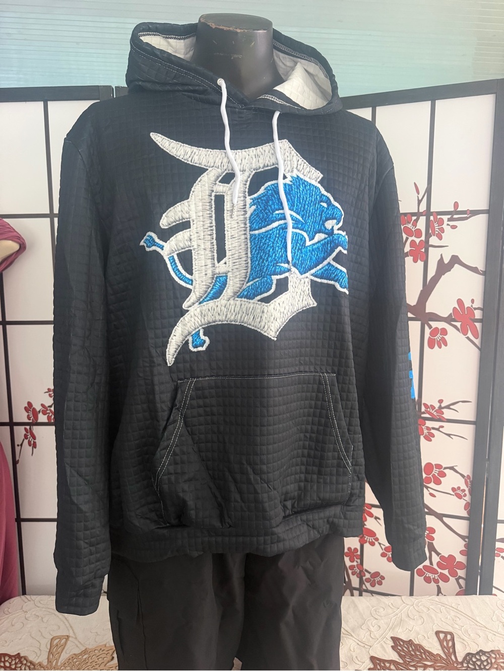 Black Crewneck Quilted Hoodie with Blue Logo